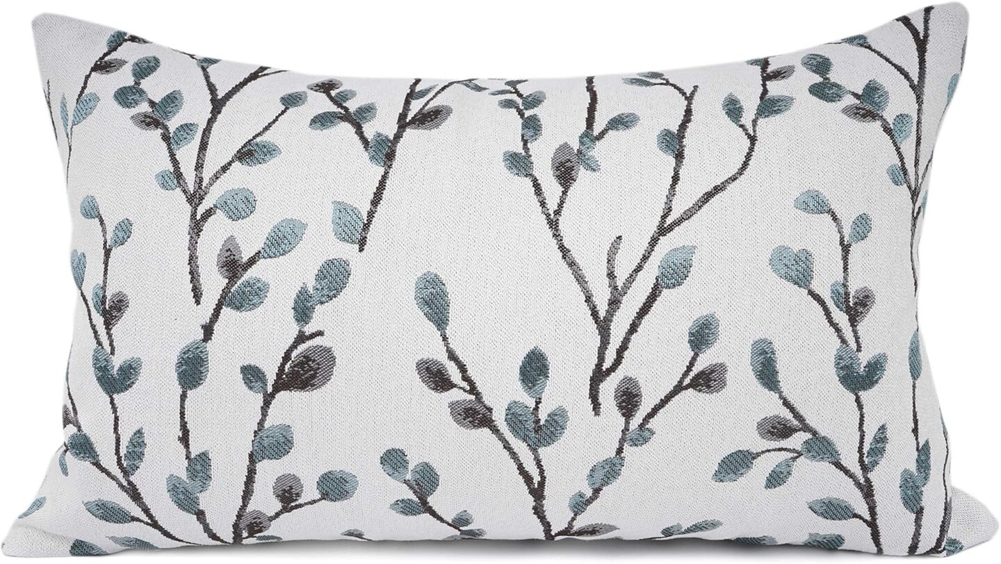 Classical Embroidery Jacquard Farmhouse Oblong Rectangle Chenille Teal Leaf Decorative Throw Pillow Case,12x20 inch