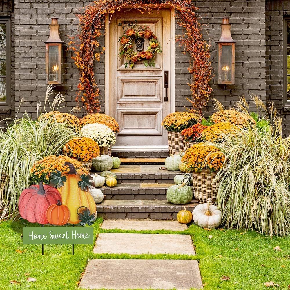 22&#x22; Fall Pumpkin Garden Stake &#x2013; Home Sweet Home Metal Yard Sign for Outdoor Autumn D&#xE9;cor