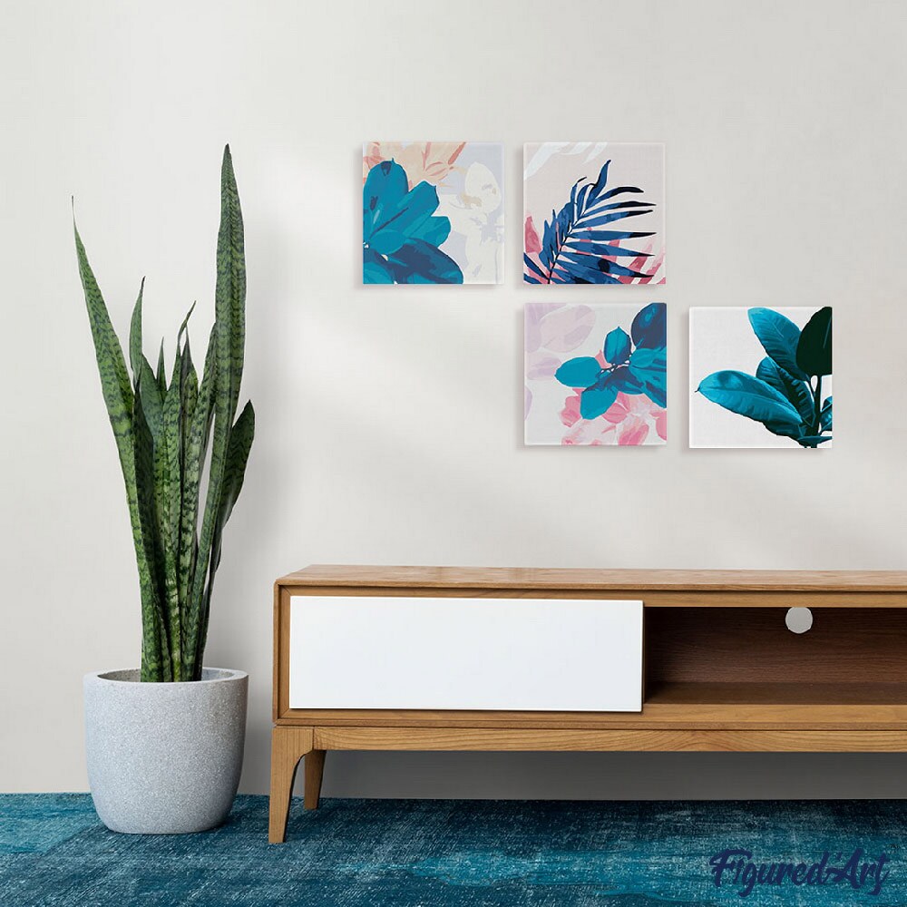 Figured&#x27;Art Mini Paint by Numbers Kit for Adults with Frame Rubber Plant Leaves Small format 8&#x22;x8&#x22; - Craft Art Painting DIY Canvas Already Stretched on a Wooden Frame