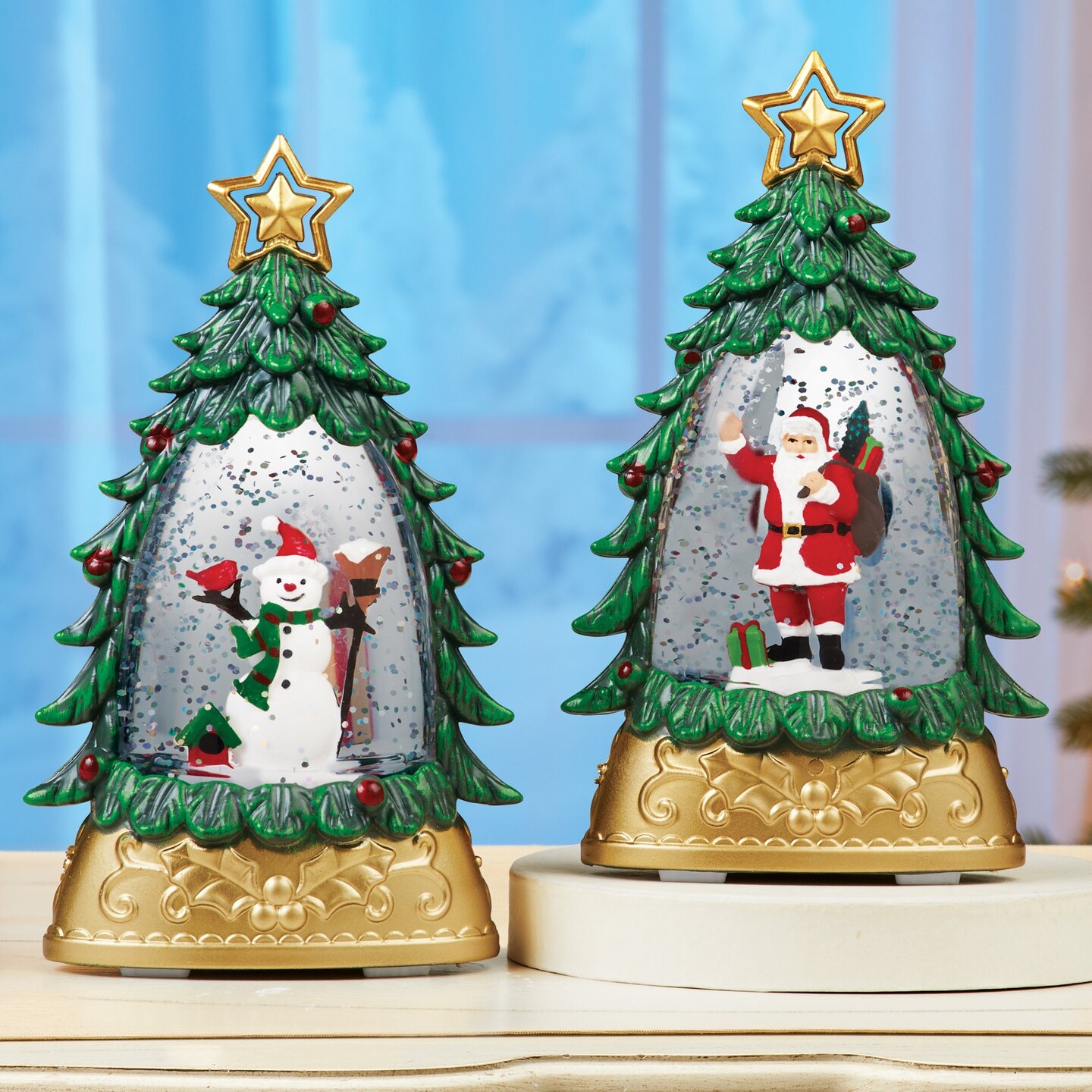 Collections Etc LED Lighted Holiday Tree-Shaped Snow Globe Decorations - Set of 2