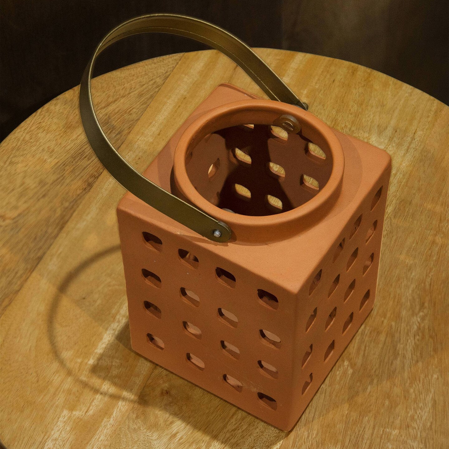 Handcrafted Terracotta Square Shape Lantern with Metal Handle