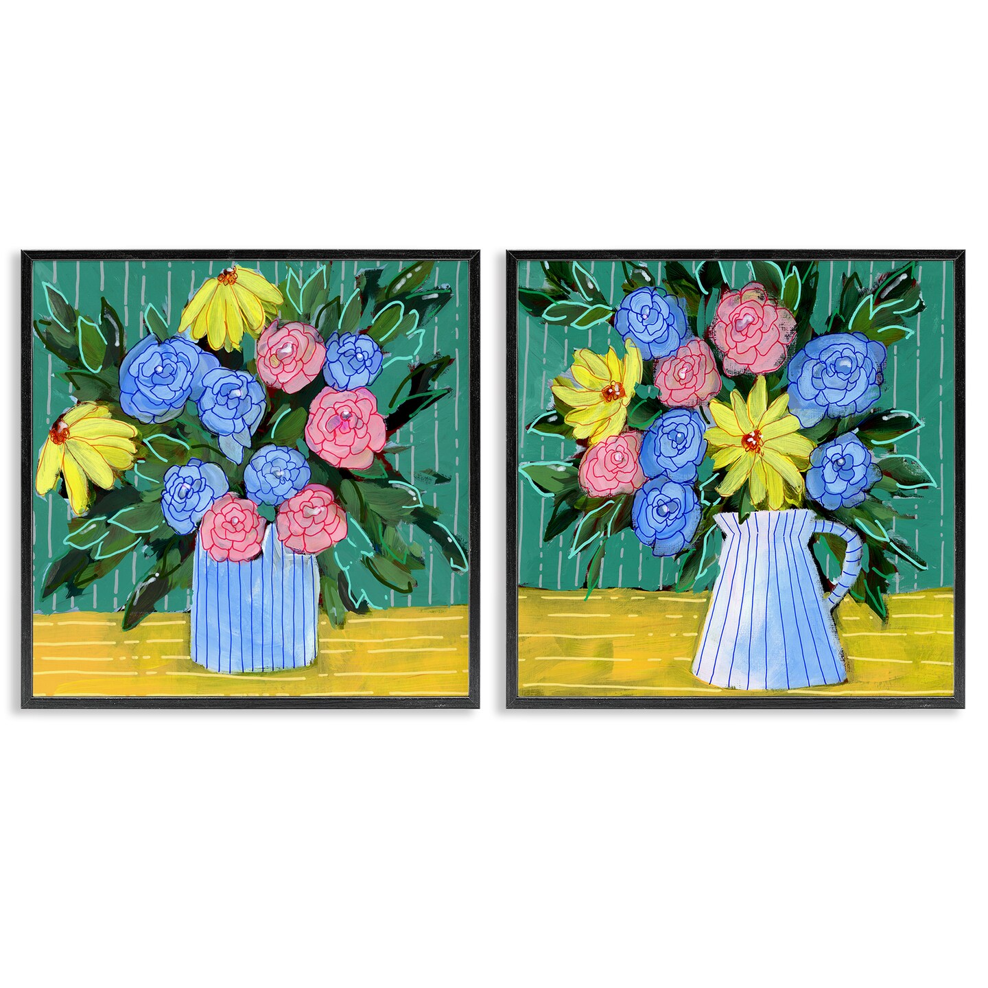 Stupell Industries Bright Flowers on Stripes 2pc Framed Giclee Wall Art Set Design by Regina Moore