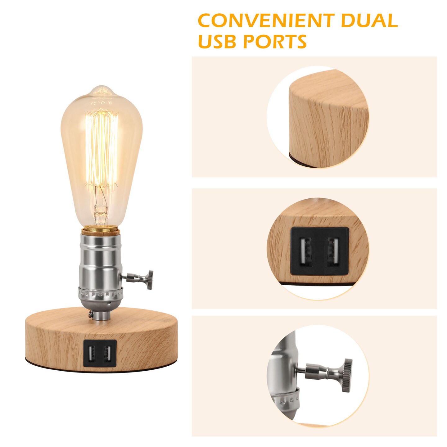 2PCS Vintage Table Lamp with Dual USB ports for Bedroom, Office, Living Room