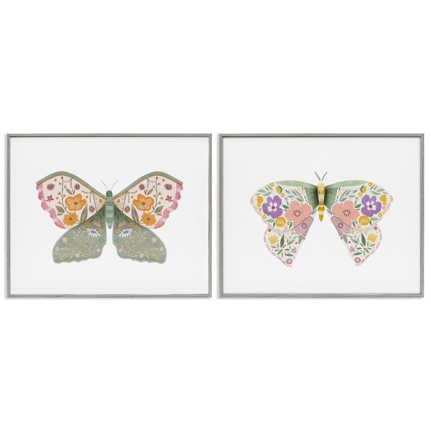 Stupell Industries Folk Florals Butterflies 2pc Framed Giclee Wall Art Set Design by Kim Allen