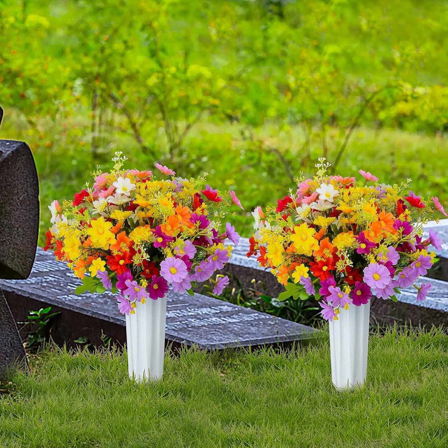 Artificial Cemetery Daisy Flowers with Vase &#x2013; Silk Memorial Bouquet for Grave &#x26; Headstone Decoration