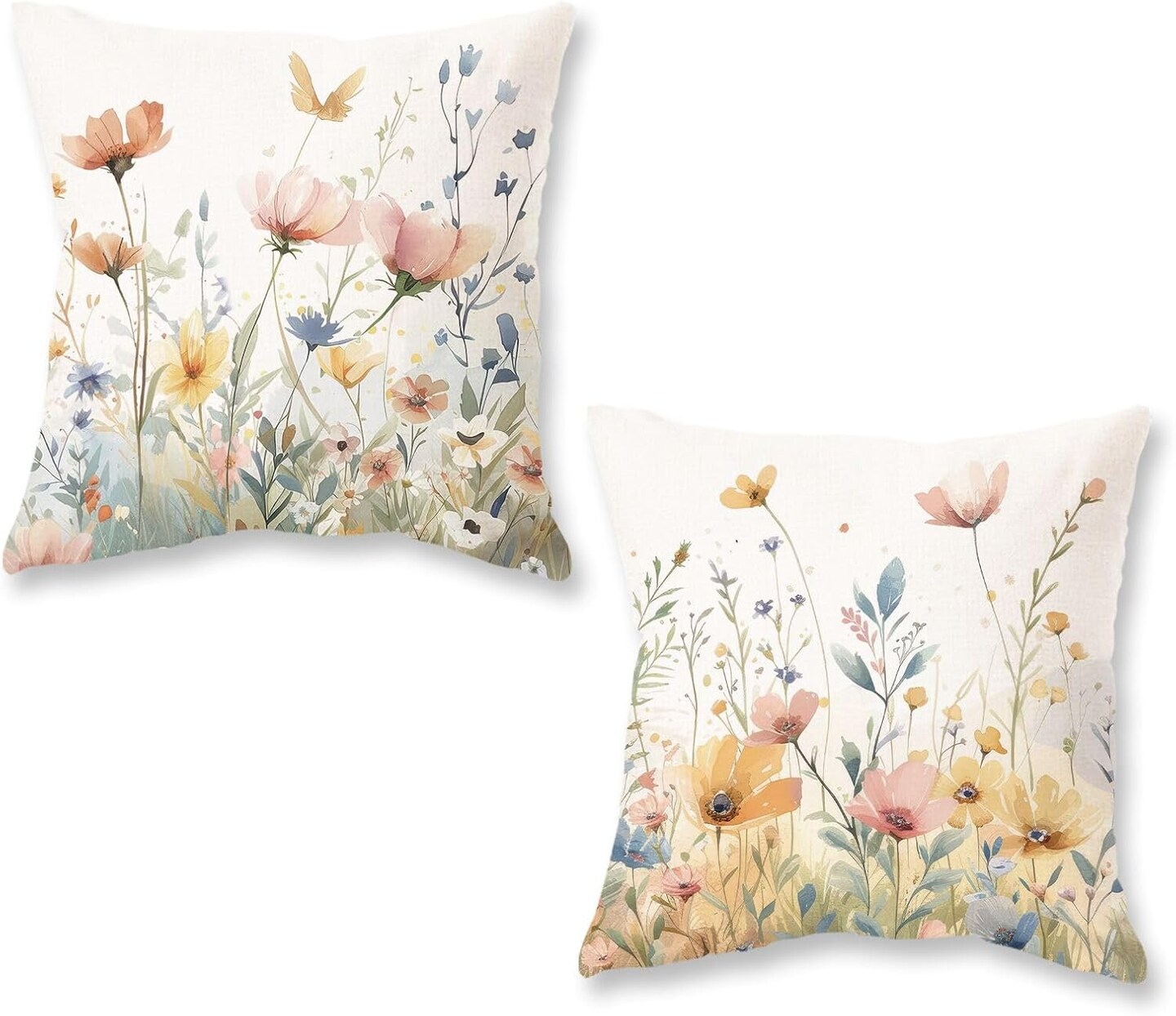 Spring Floral Pillow Covers 18x18 Inch Watercolor Flowers Decorations Farmhouse Summer Outdoor Patio Cushion Case for Sofa Couch Home Set of 2