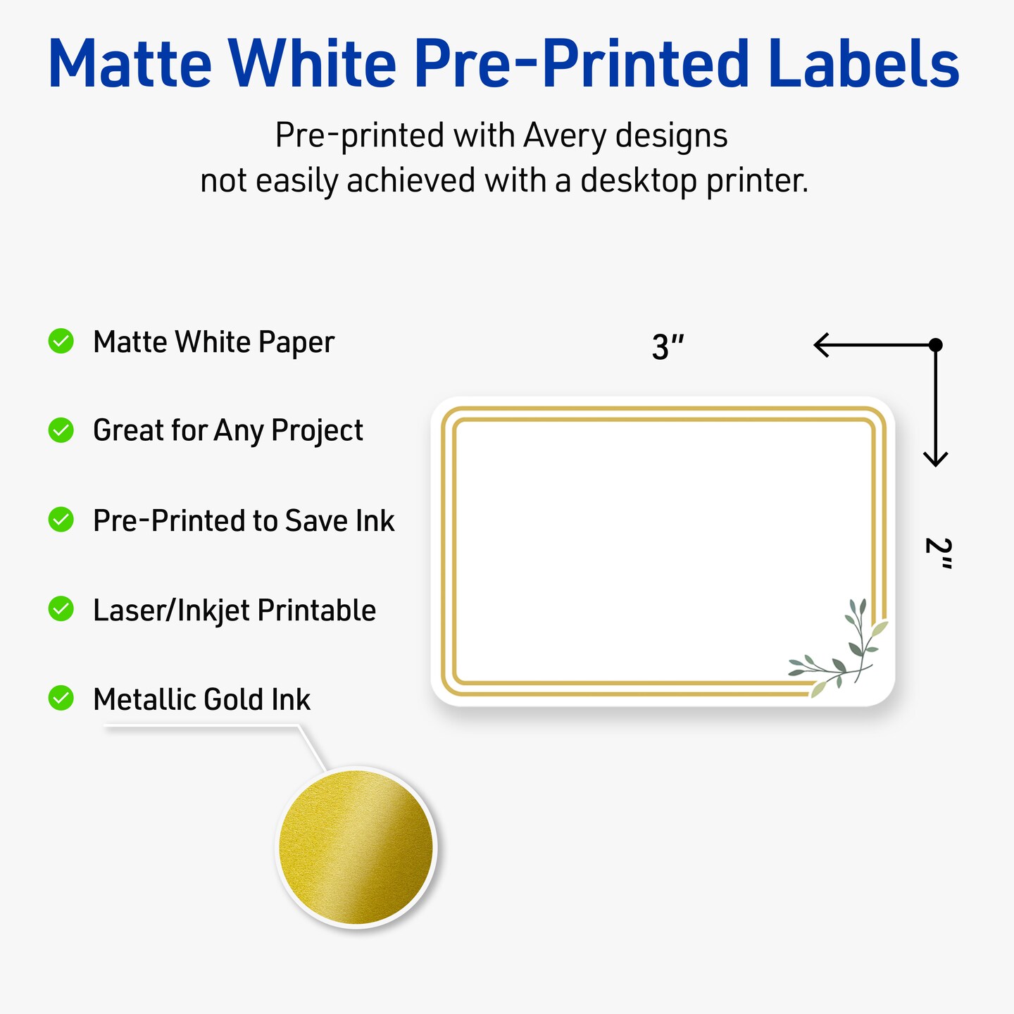 Avery Printable Rectangle Labels, Gold Double Border with Florals, 2" x 3", Matte White Rectangle Labels, Permanent, Laser/Inkjet, 80ct, Great for Product Labels