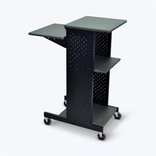 Dark Grey Steel Mobile Stand-Up Computer Desk with Adjustable Shelves and Casters