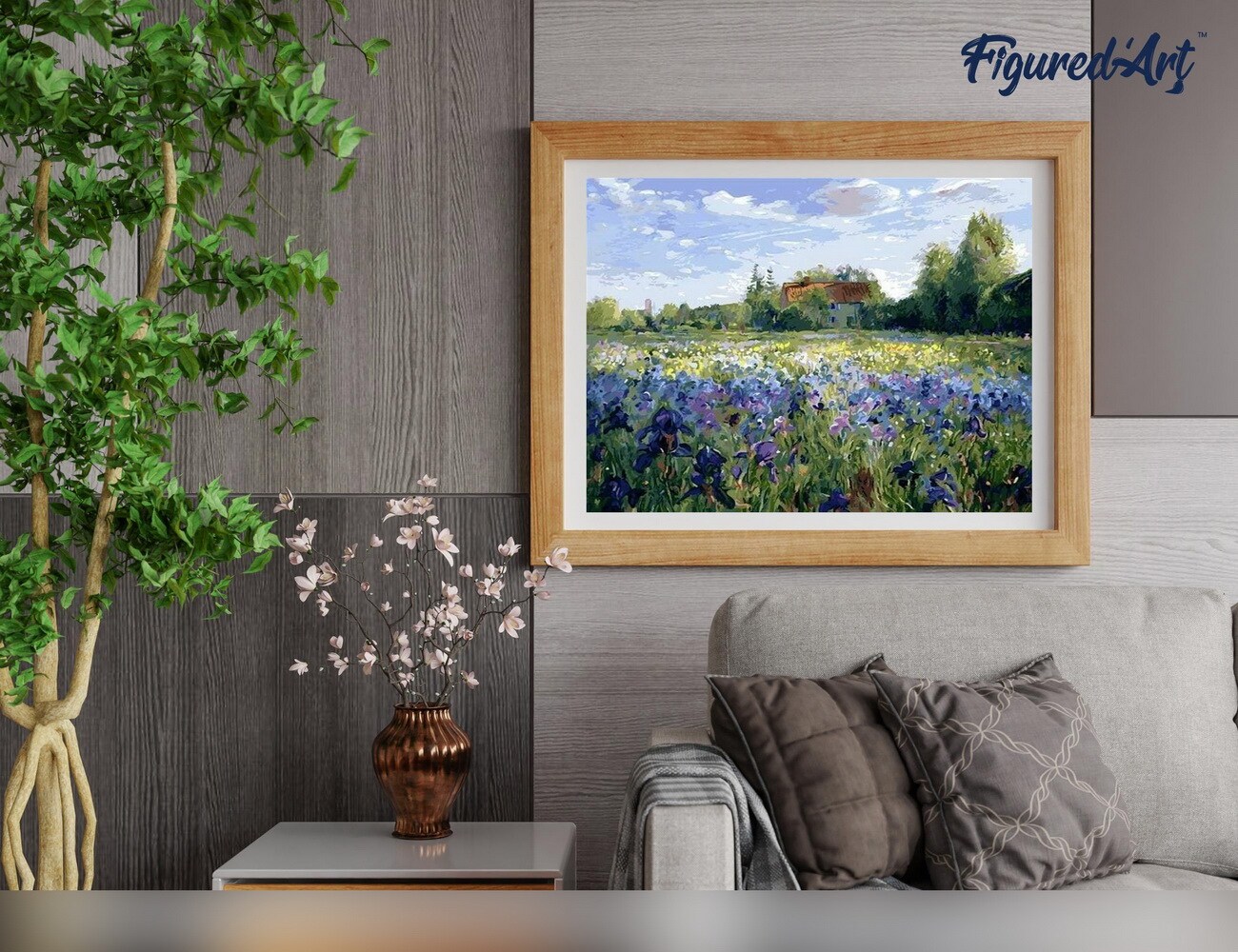 Figured'Art Paint by Numbers for Adults with Frame Countryside field and Blue Flowers 16"x20" - Craft Art Painting DIY Kit Canvas Already Stretched on a Wooden Frame