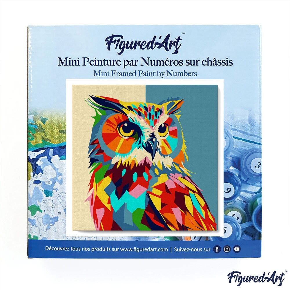 Figured&#x27;Art Mini Paint by Numbers Kit for Adults with Frame Owl Abstract Pop Art Small format 8&#x22;x8&#x22; - Craft Art Painting DIY Canvas Already Stretched on a Wooden Frame