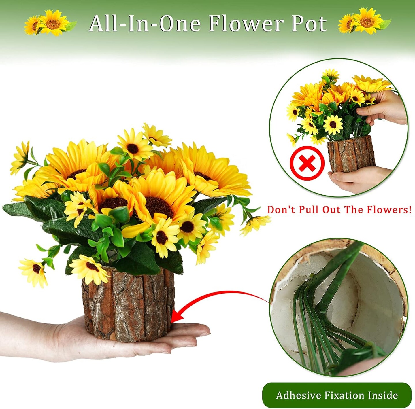 Artificial Flowers Fake Silk Sunflower Flower in Planters Flower Vase Small Rustic Potted Flower Arrangements Artificial for Home Outdoors Tabletop Decor Set of 2 (Yellow)