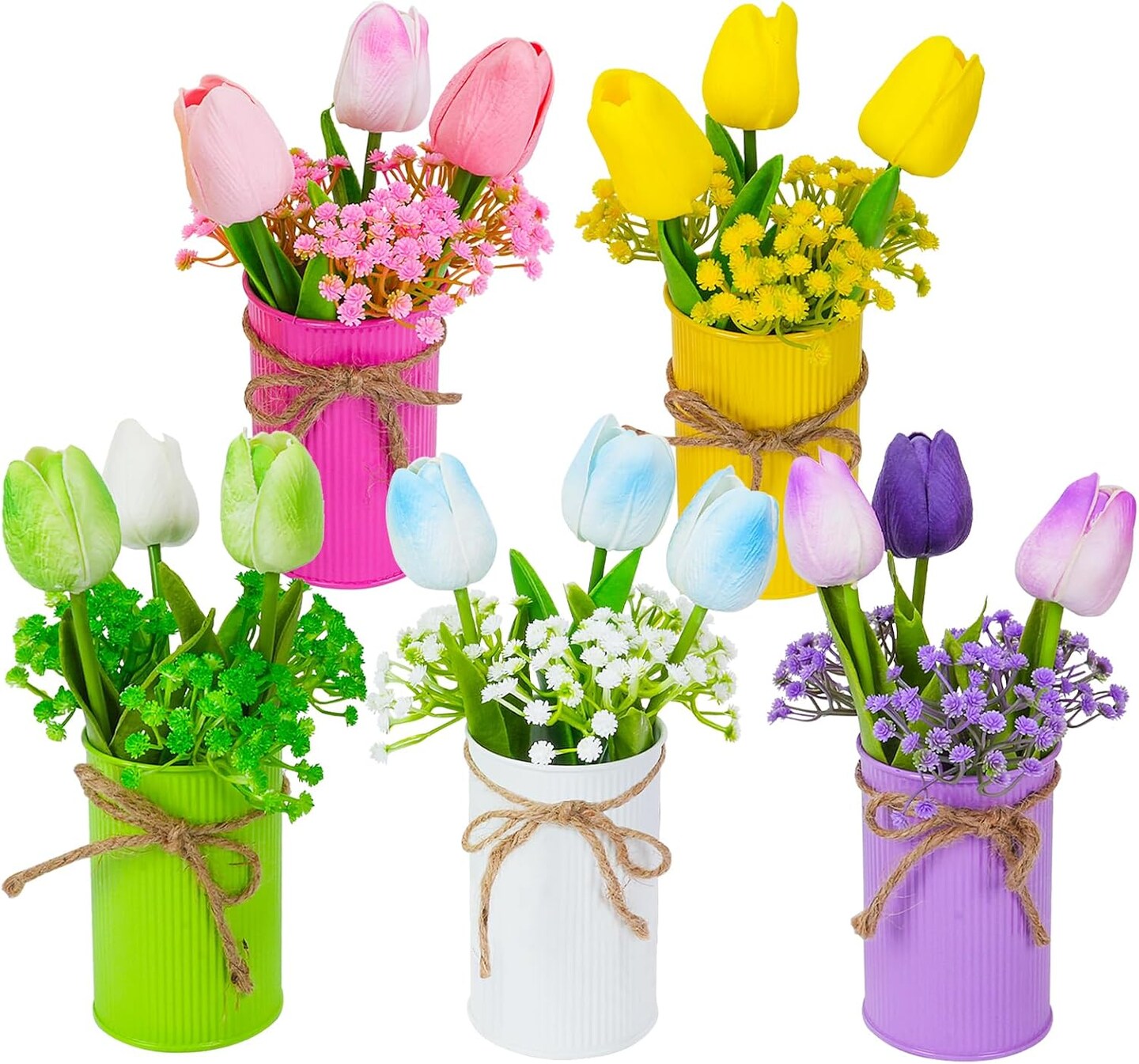 Spring Tulips Table Centerpieces 15PCS Colorful Artificial Tulip with 5 Metal Pot Fake Tulips Potted Flowers in Vase for Spring Easter Table Decor Home Office Wedding Party Bouquet Arrangement