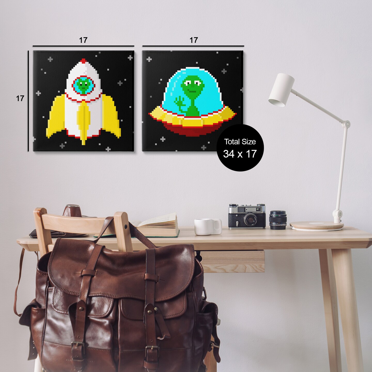 Stupell Industries Pixel Alien Spaceships 2pc Canvas Wall Art Set Design by June Erica Vess