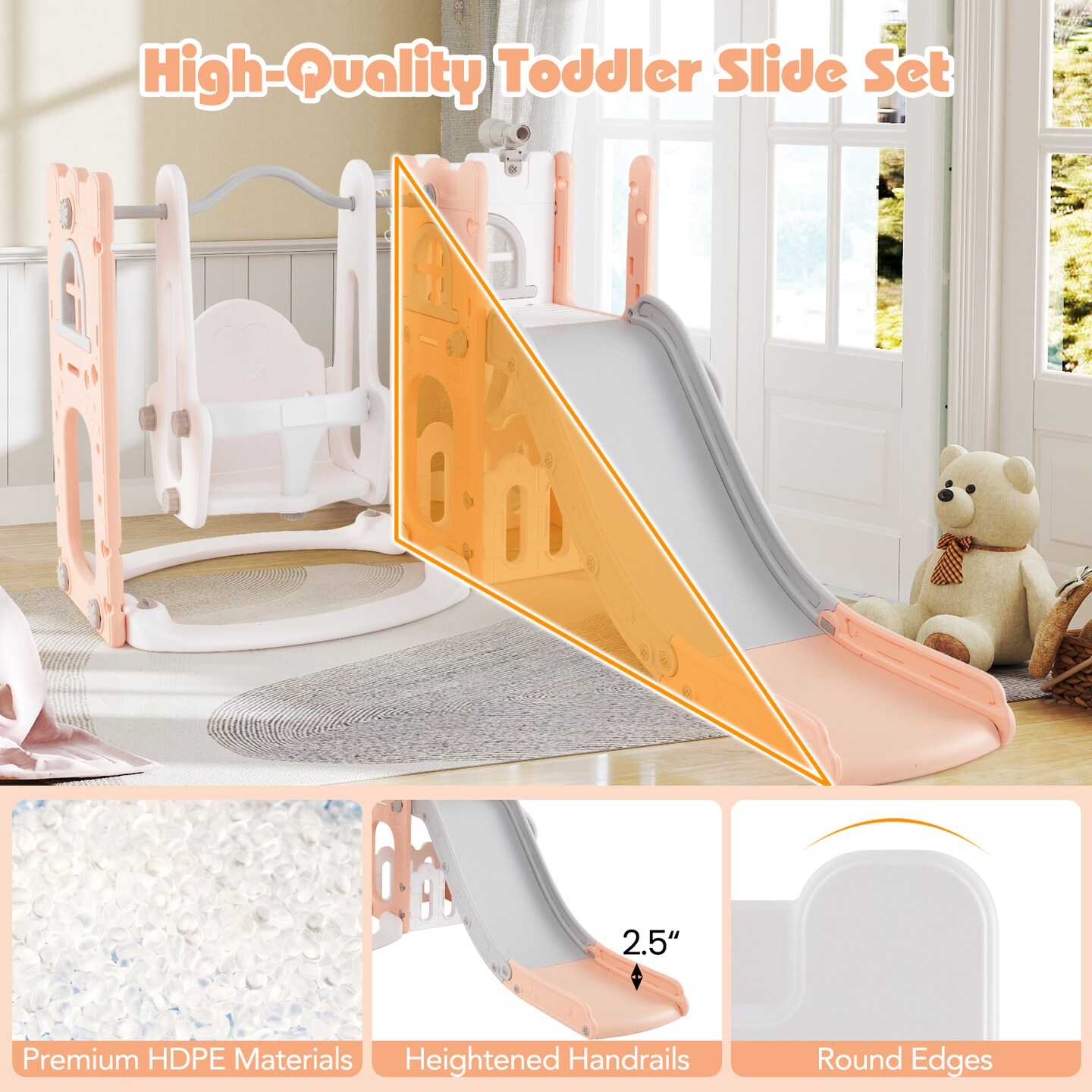 7-in-1 Toddler Swing and Slide Set L-Shaped with Basketball Hoop