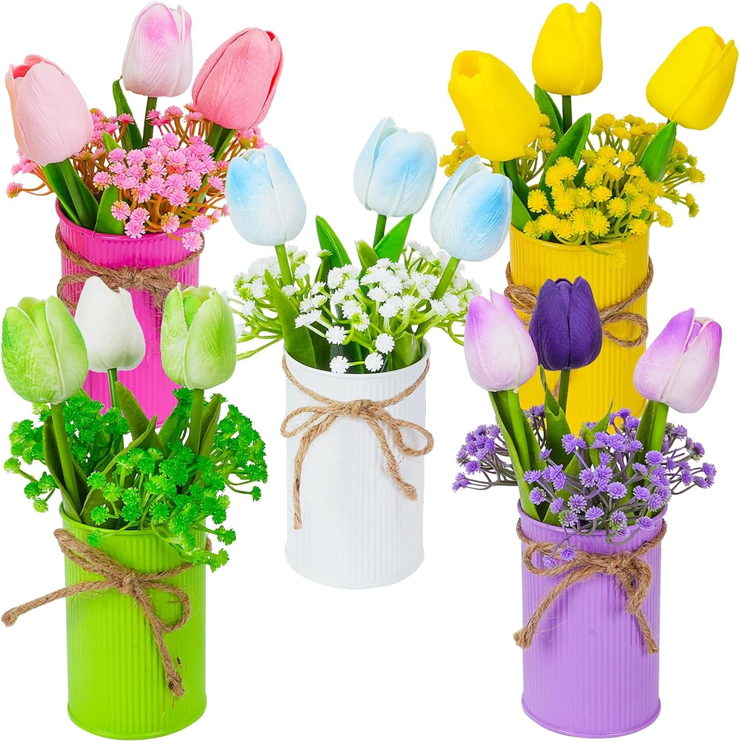 Spring Tulips Table Centerpieces 15PCS Colorful Artificial Tulip with 5 Metal Pot Fake Tulips Potted Flowers in Vase for Spring Easter Table Decor Home Office Wedding Party Bouquet Arrangement