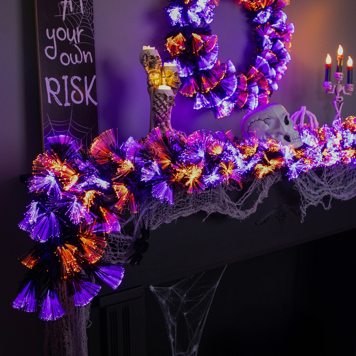 Northlight Multi Function Fiber Optic Artificial Halloween Garland -  6' x 6" - Black - Purple and Orange LED