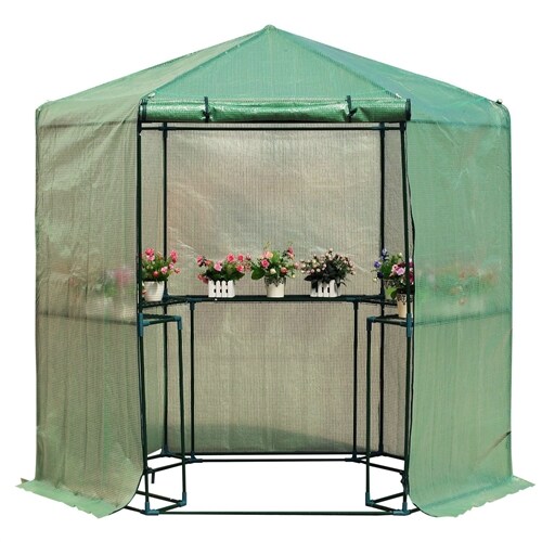 Outdoor Hexagon Greenhouse 6.5x7 ft with 10 Shelves Powder Coated Steel Frame