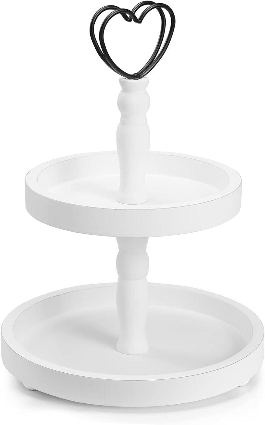 ,Two Tier Tray,2-Tier Decorative Trays, White Tiered Tray for Vintage Decor, Round Wooden Serving Tier Tray(White)