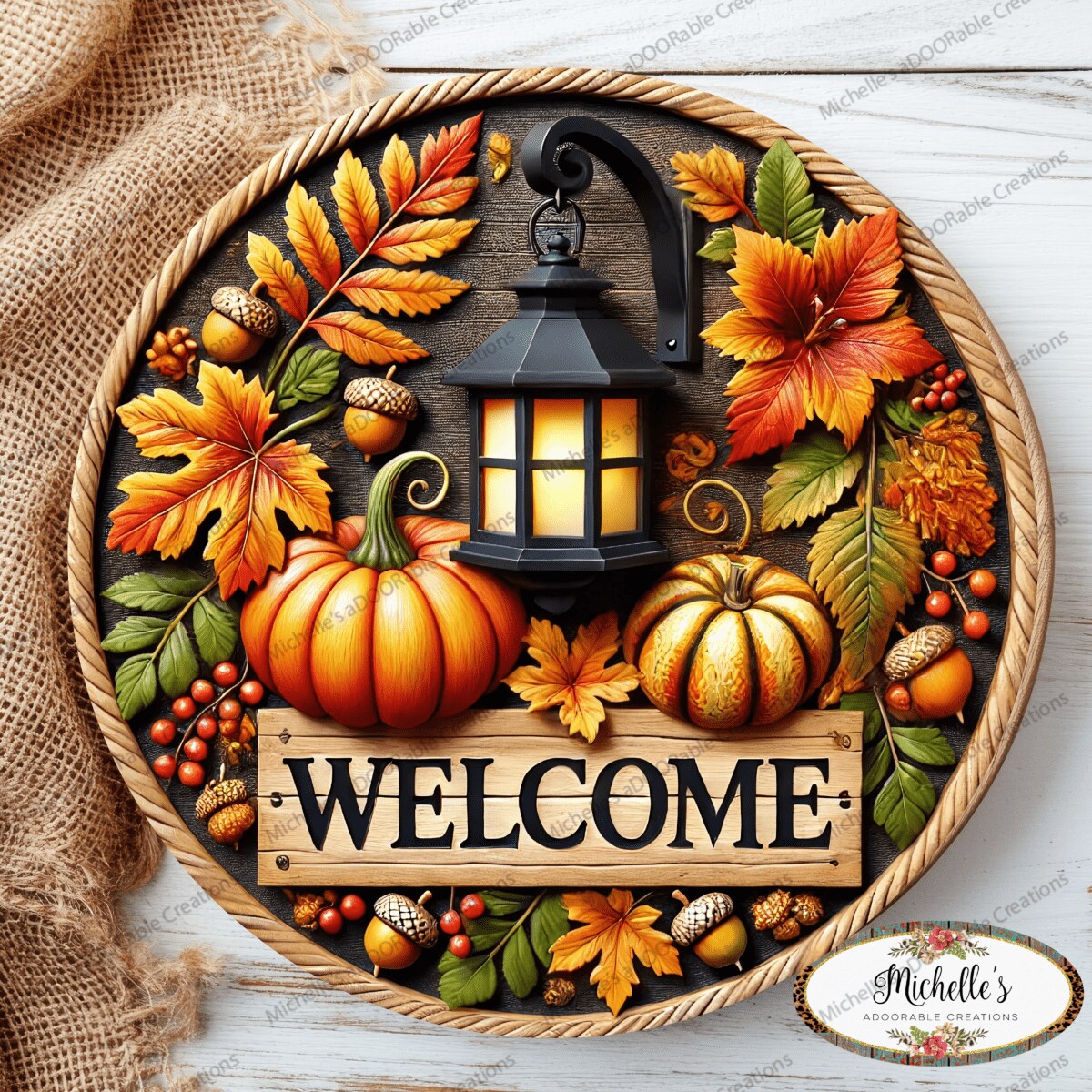 Fall Foliage Lantern Welcome Round Sign