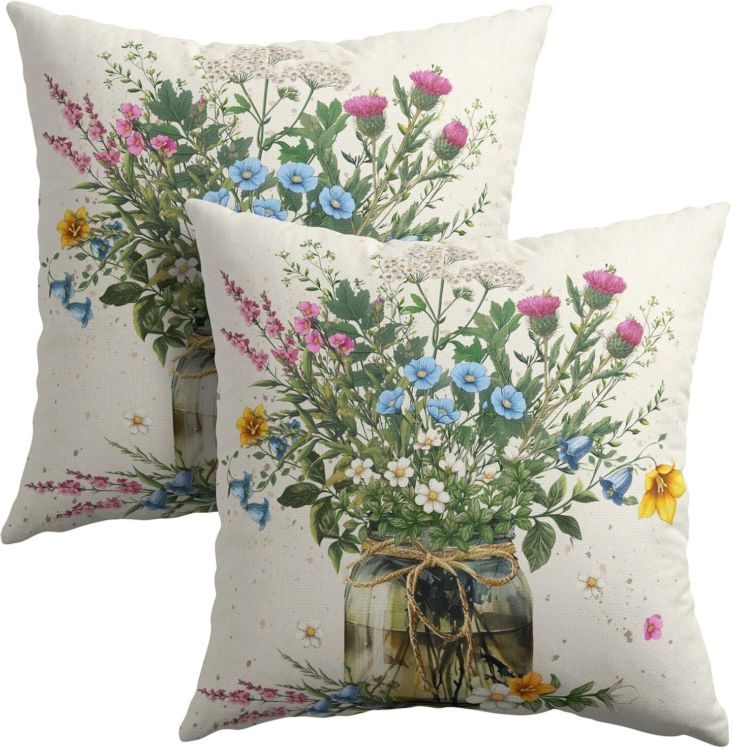 Spring Wildflower Throw Pillow Covers 18X18 Inches Set of 2 Multi Colored Daisy Flowers Mason Jar Pillowcase Soft Cotton Linen Square Spring Cushion Covers for Home Sofa Patio Bedroom