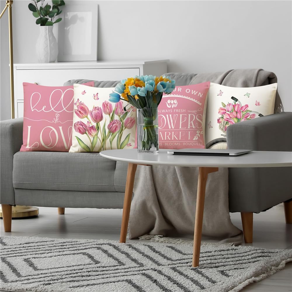 Spring Decorations Pink Tulip Spring Pillow Covers 18x18 Set of 4 Butterfly Flowers Bicycle Throw Pillow Case Hello Love Flowers Market Farmhouse Cushion Cover for Home Sofa Couch