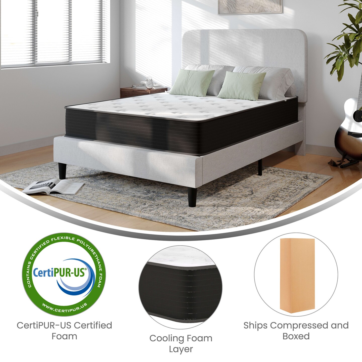 Emma and Oliver Drift 10 Inch Hybrid Mattress, High Density Cooling Foam and Pocket Spring Mattress in a Box, CertiPur-US Certified Foam, White/Black