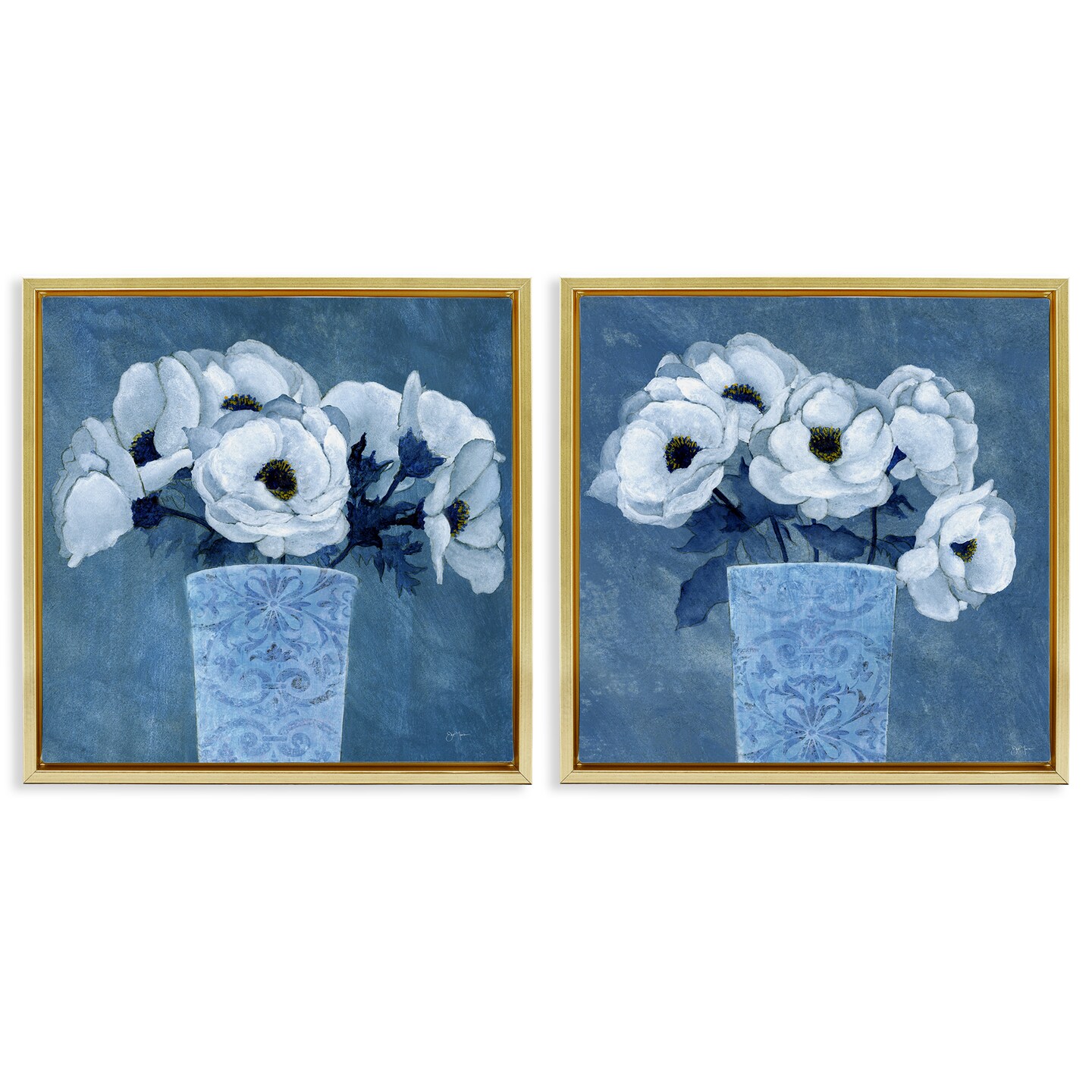 Stupell Industries Magnolia Bouquets on Blue 2pc Floater Framed Canvas Wall Art Set Design by Janet Tava