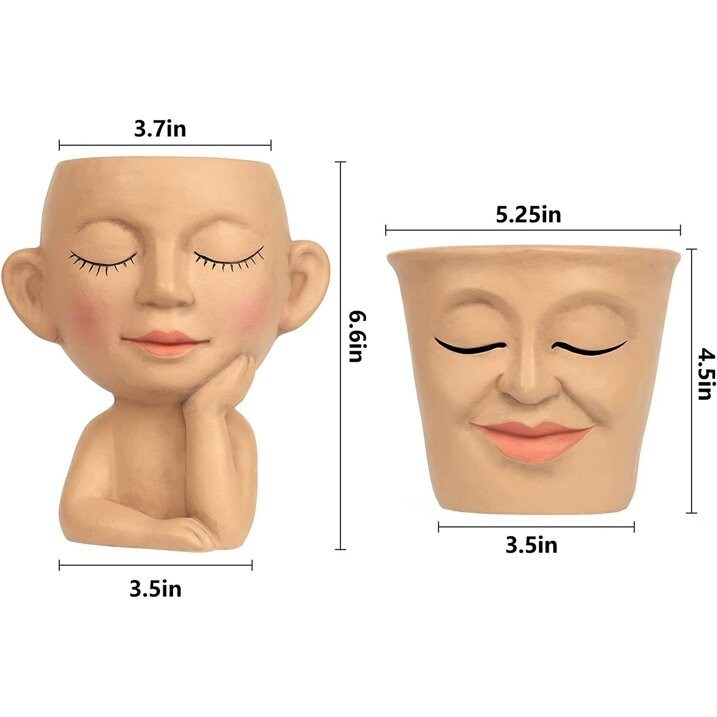 2pcs Cute Head Face Planters Pots Succulent Planter w/ Drainage Hole Home Decor