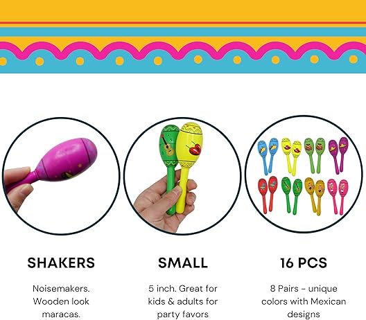 4E's Novelty 16 Pcs Maracas Party Favors - 5" Wooden Mini Maracas for Kids & Adults