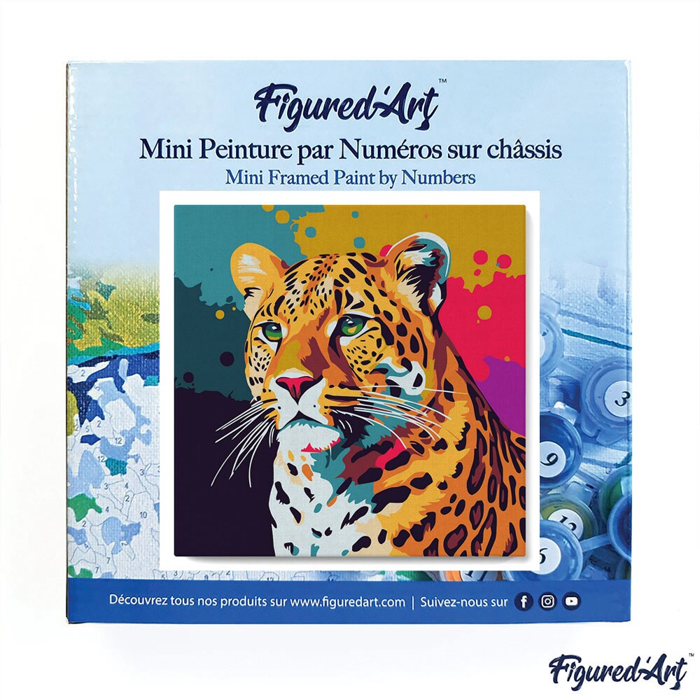 Figured&#x27;Art Mini Paint by Numbers Kit for Adults with Frame Leopard Abstract Pop Art Small format 8&#x22;x8&#x22; - Craft Art Painting DIY Canvas Already Stretched on a Wooden Frame
