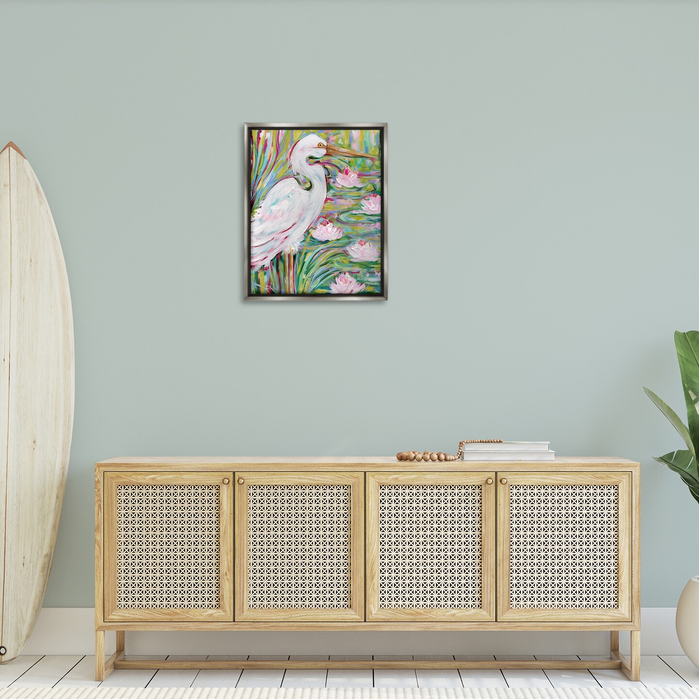 Stupell Industries Great White Egret & Lotus Floater Framed Canvas Wall Art Design by Estelle Grengs
