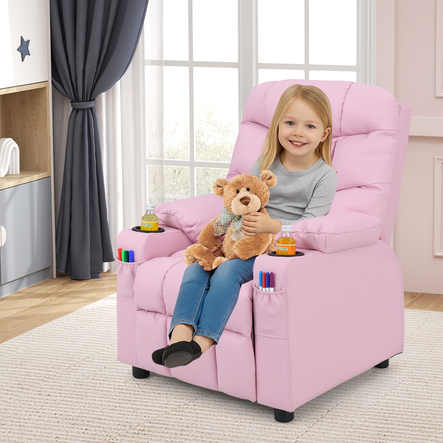 Light Pink PU Leather Kids Recliner Chair with Footrest and Storage