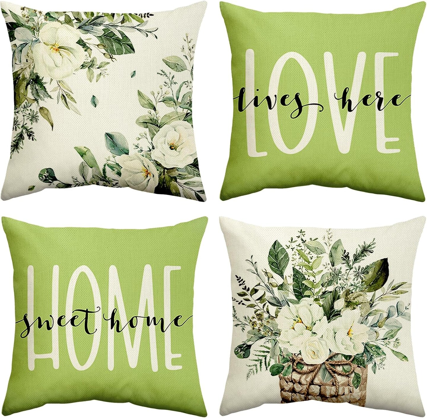 Spring Summer Green Throw Pillow Covers 18x18 Floral Farmhouse Decorative Cushion for Couch Sofa Living Room Set of 4