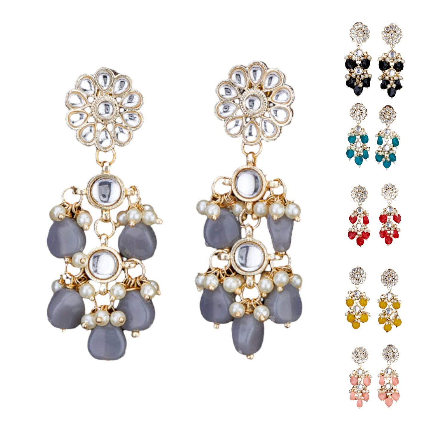 Indian Jhumka Earrings for Women - Large Floral Kundan Faux Pearls Drop Chanbali Earrings Indian Jhumki Ethnic Beaded Bollywood Style Dangle Earrings Jewelry for Bride Birthday Gift for Her