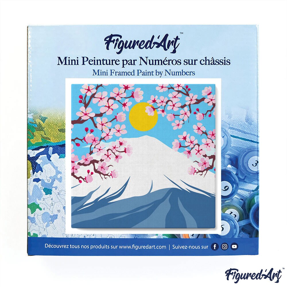 Figured'Art Mini Paint by Numbers Kit for Adults with Frame Cherry blossom and Mount Fuji Small format 8"x8" - Craft Art Painting DIY Canvas Already Stretched on a Wooden Frame