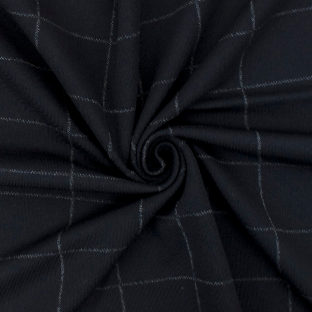 Deep Navy Blue-White Check Printed Cotton-Wool Matte Jersey Double Knit Fabric By the Yard