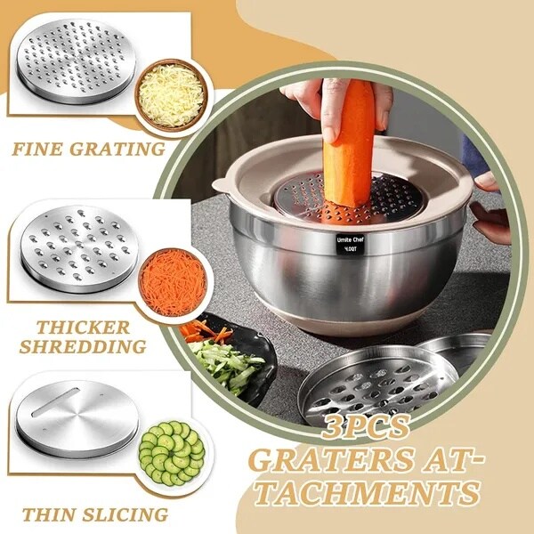 26 PCS Stainless Steel Mixing Bowls Set with Airtight Lids Grater Attachments Non Slip Base Kitchen Prep Set Khaki