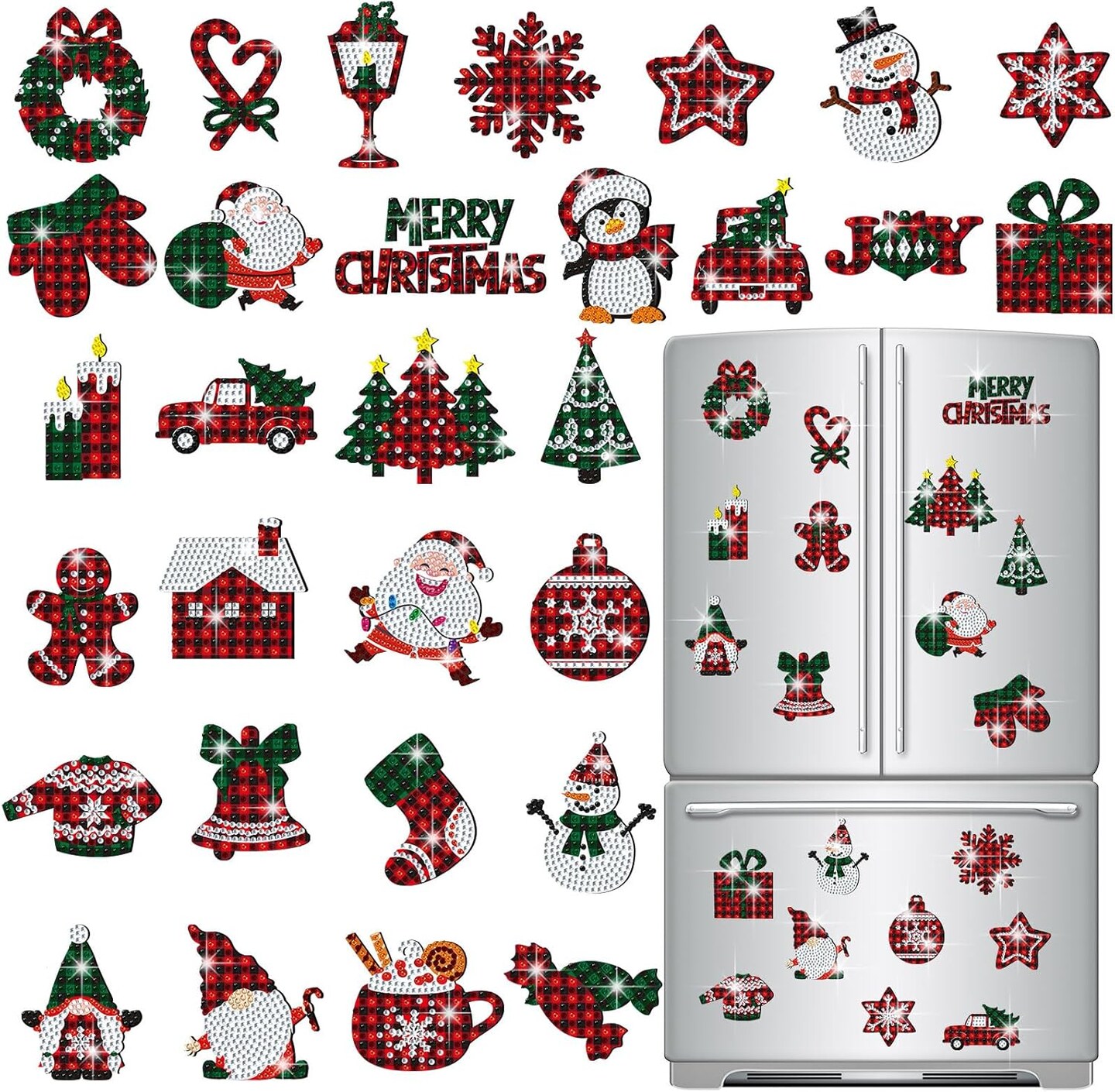 30 Pcs Christmas Diamond Art Painting Magnets Kits (Buffalo Plaid)