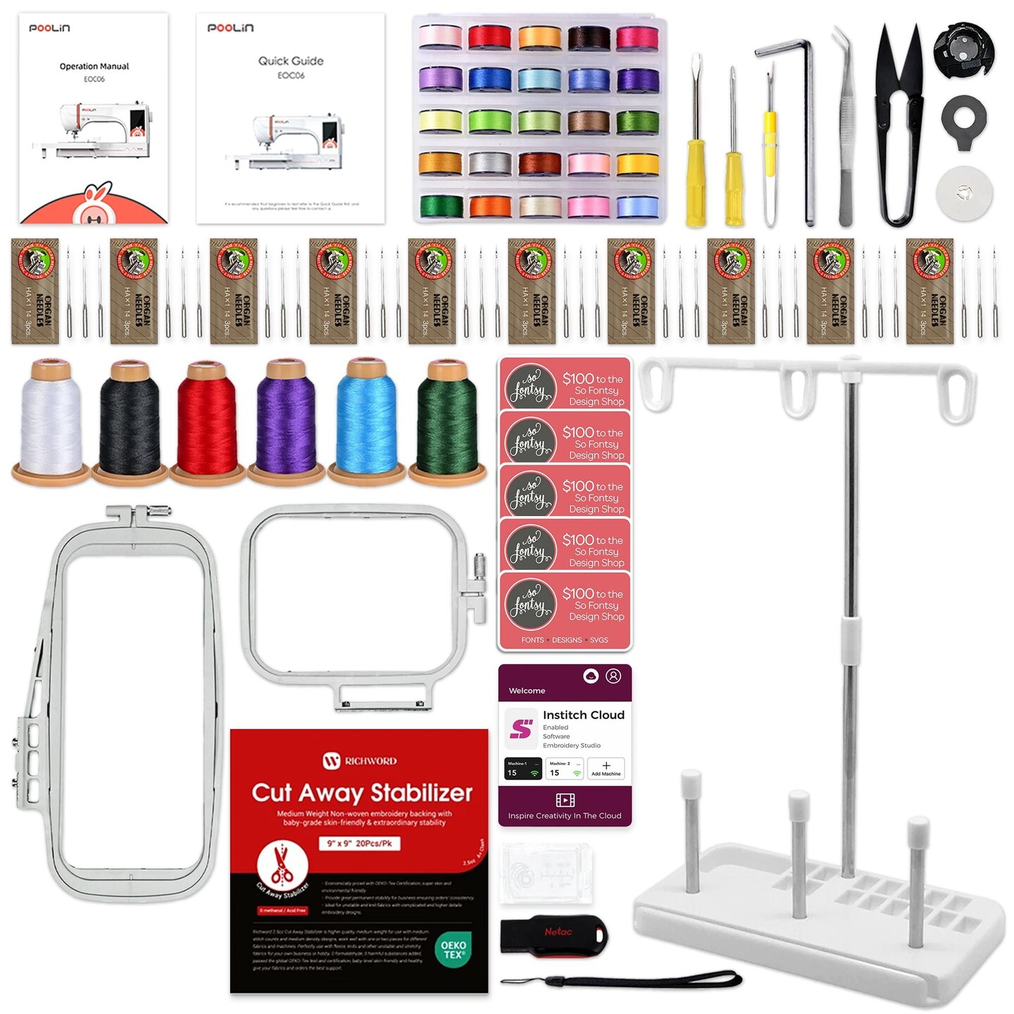POOLIN EOC05 4in x 9.2in Embroidery Machine with Embroidery Spools Bundle - Red