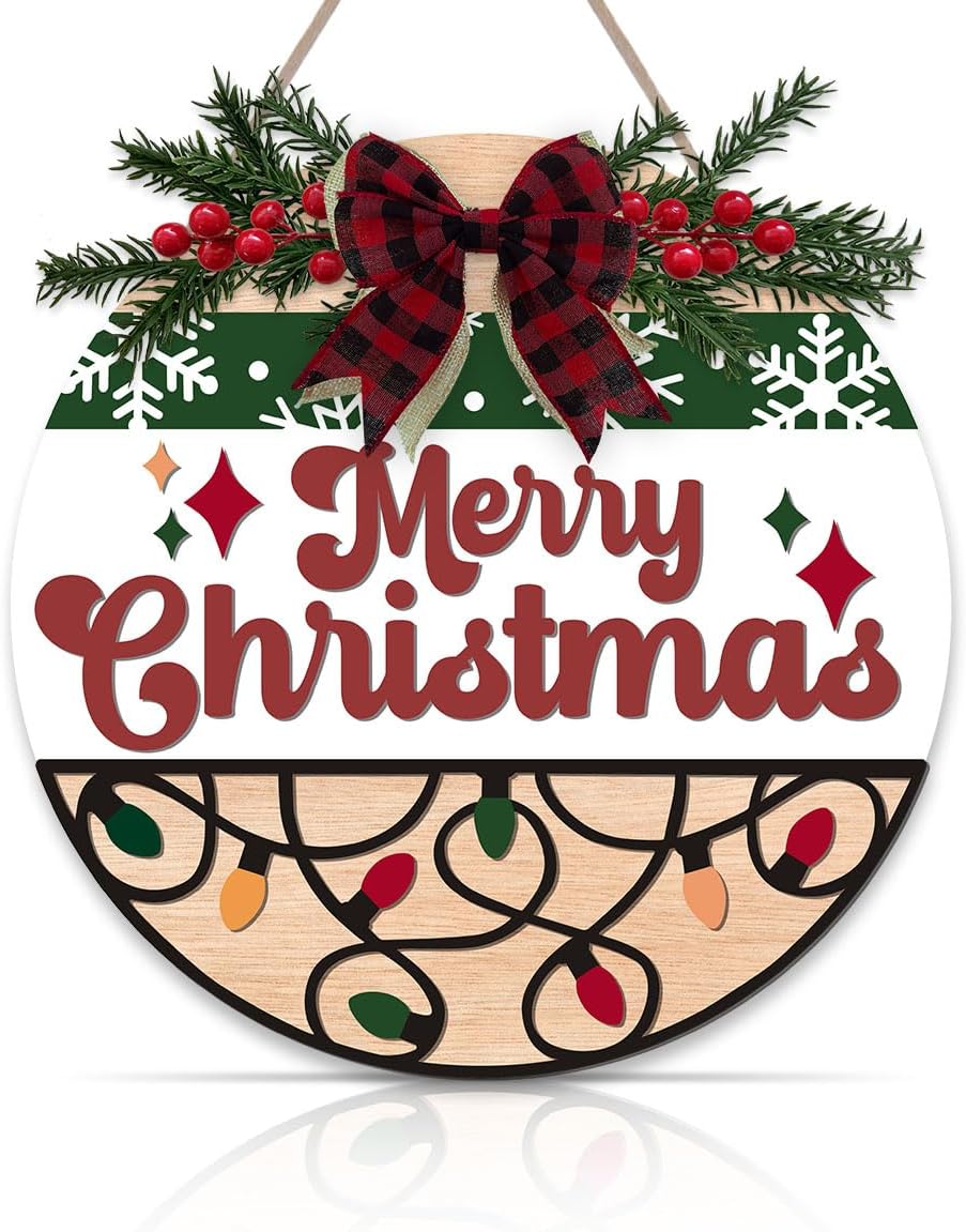 Merry Christmas Wreath Wooden Sign - Red (12x12 inch)