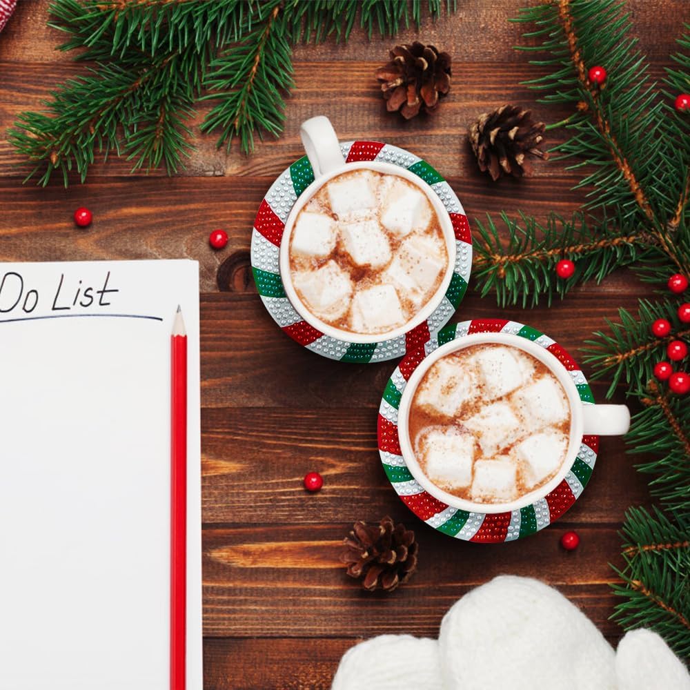 8 Pcs Christmas Diamond Candy Paintings Coasters Kits with Holder (Red Green White)