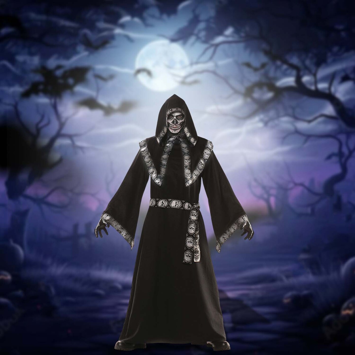 Men Crypt Keeper Costume Skull Jacquard Tunic Hooded Shawl and Belt