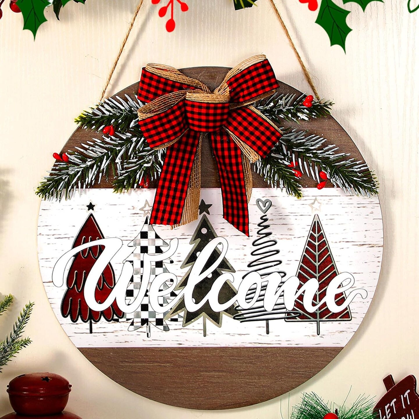 Christmas Door Wreath Merry Christmas Welcome Hanging Wall Sign - 11.8'' (Novel)