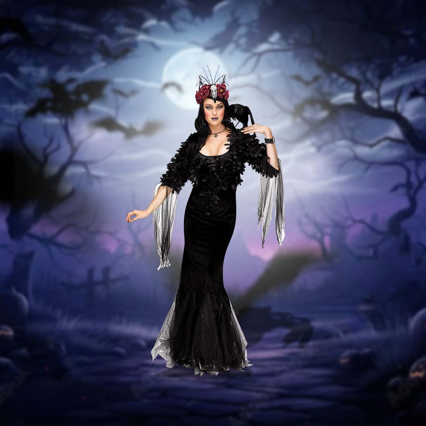 Women Raven Mistress Costume Black Floor Length Gown with Feather Shrug