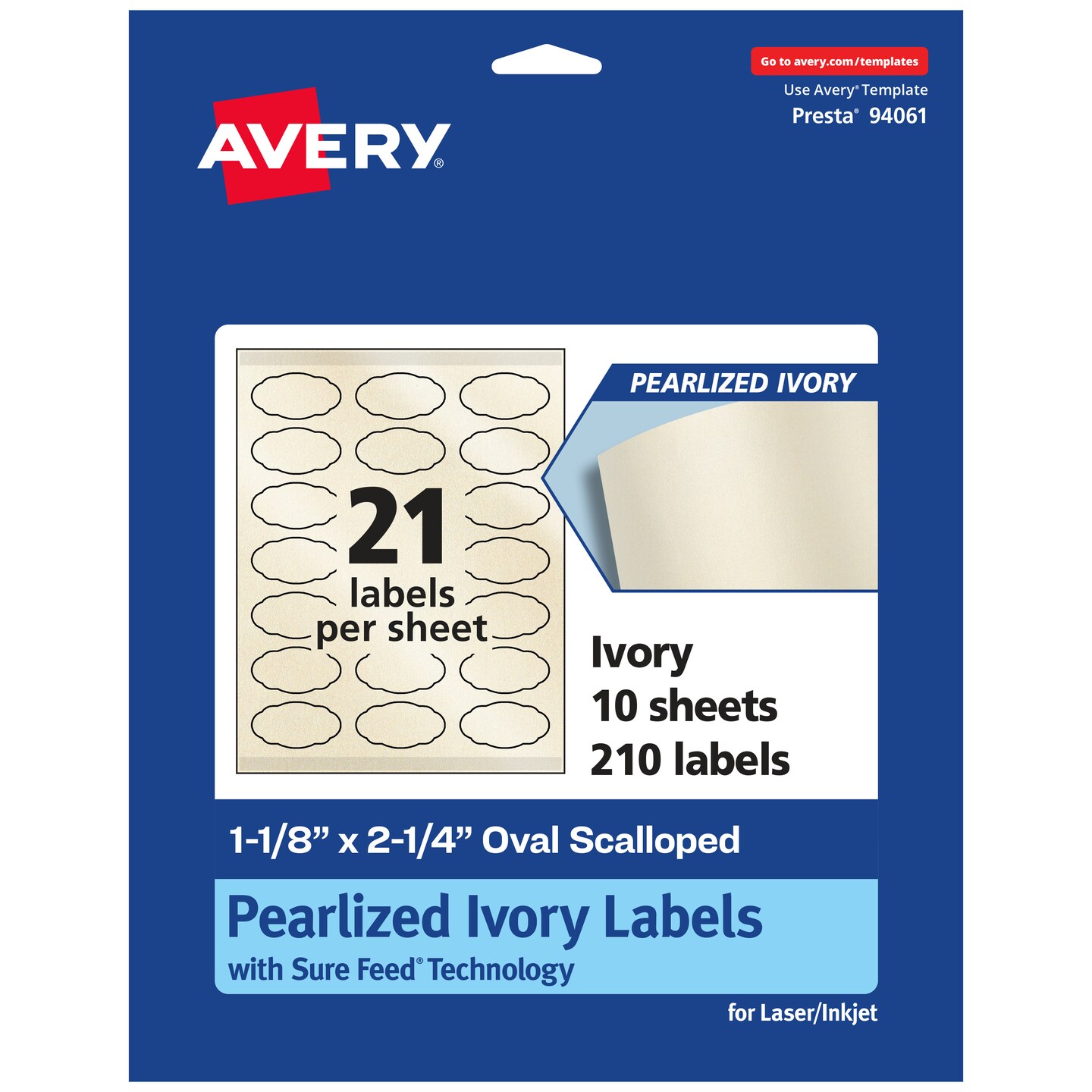 Avery Pearlized Ivory Oval Scalloped Labels with Sure Feed Technology, Print-to-the-Edge, 1-1/8" x 2-1/4"