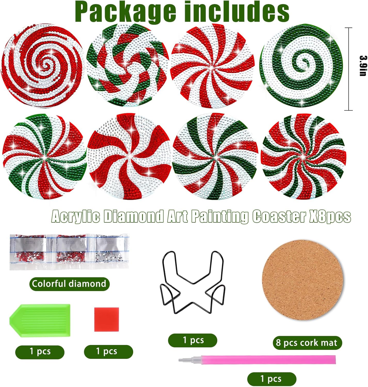 8 Pcs Christmas Diamond Candy Paintings Coasters Kits with Holder (Red Green White)