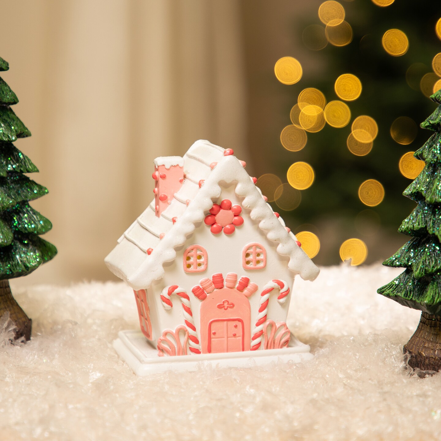 Northlight Lighted Glitter Frosted Floral Candy Cane House Christmas Decoration - 5&#x22;