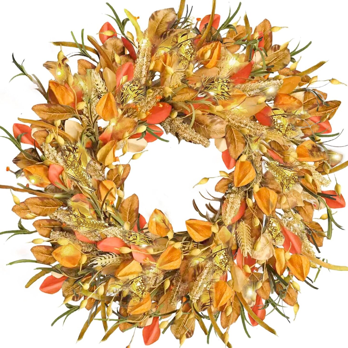 24 Inch Fall Wreaths for Front Door with Lights,(Golden-a)24&#x22;D x 24&#x22;W x 3&#x22;H