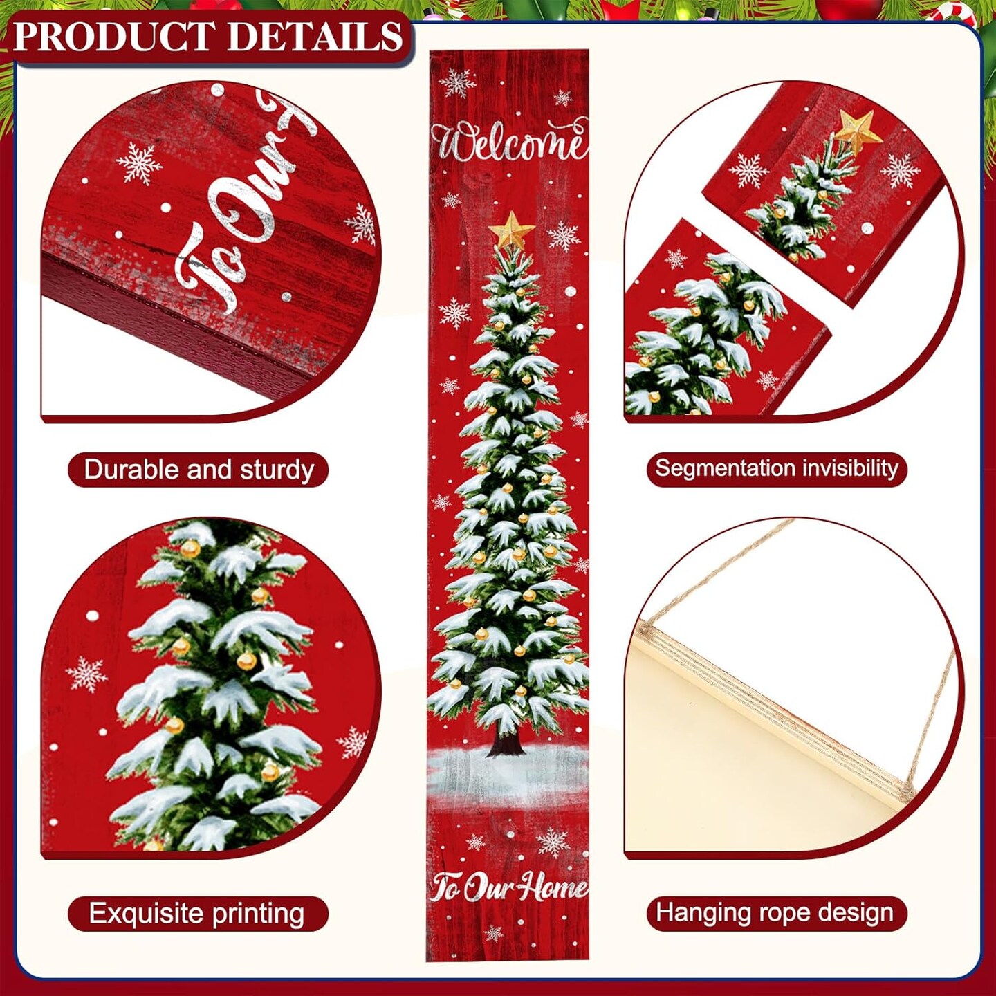 Christmas Porch Sign 47'' Large Merry Christmas Home Wood Decor Outdoor(Red)47"L x 7.8"W