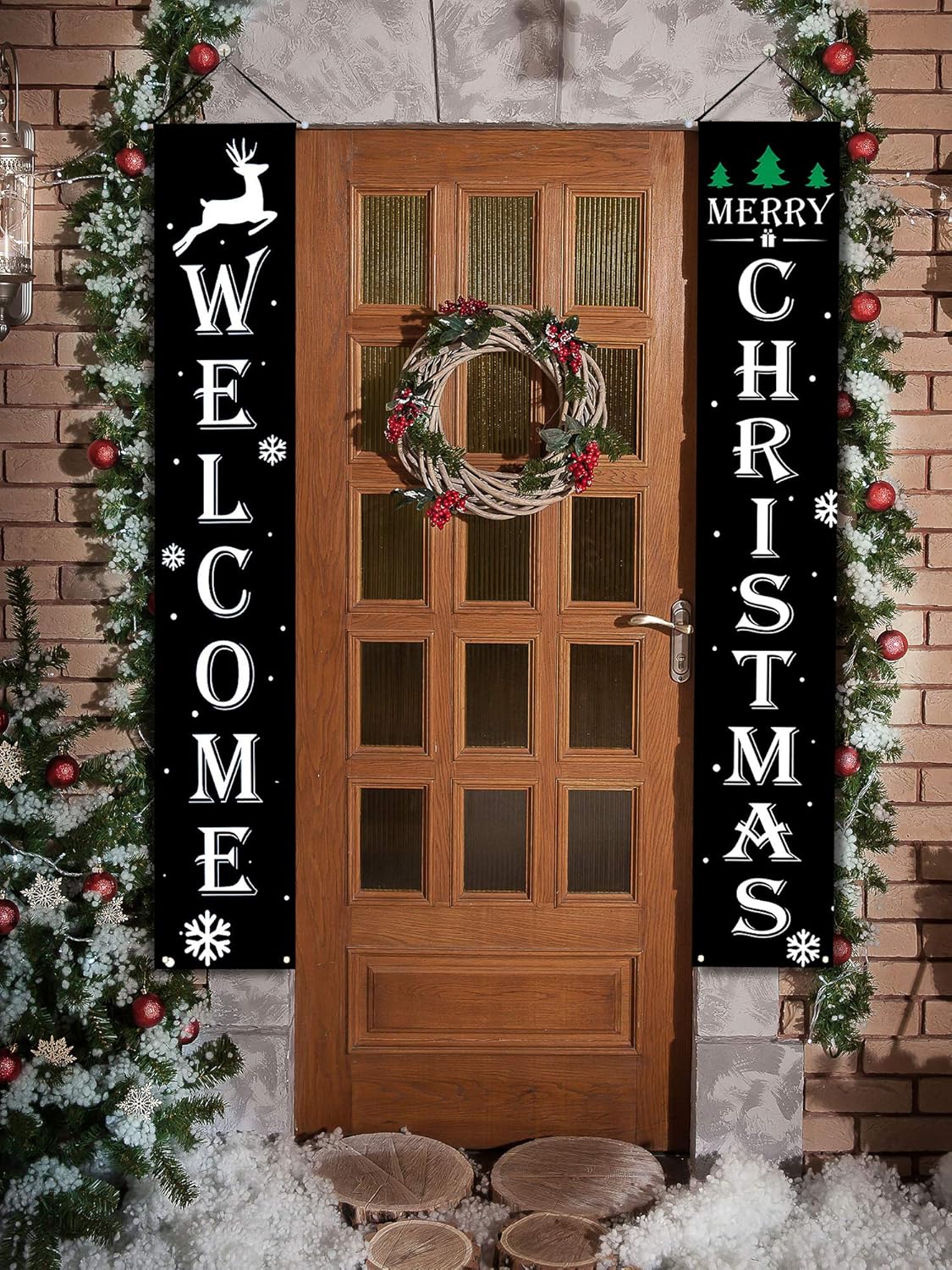 2 Pieces Welcome Christmas Banners Christmas Hanging Porch Sign(Black)72"L x 12"W